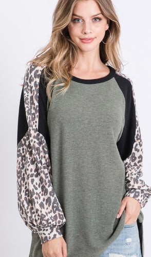 Top: Soft Olive with leopard sleeves